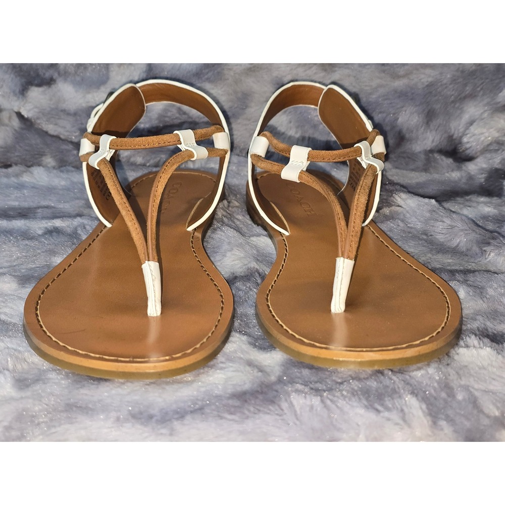 NWB Coach Clarkson Flat Strappy Thong Sandals in White & Tan Buckle SZ‎ 8 - Picture 2 of 8